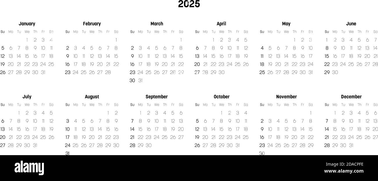 Monthly Calendar Of Year 2025 Week Starts On Sunday Block Of Months In Two Rows And Six Columns Horizontal Arrangement Simple Thin Minimalist Design Vector Illustration Stock Vector Image Art Alamy