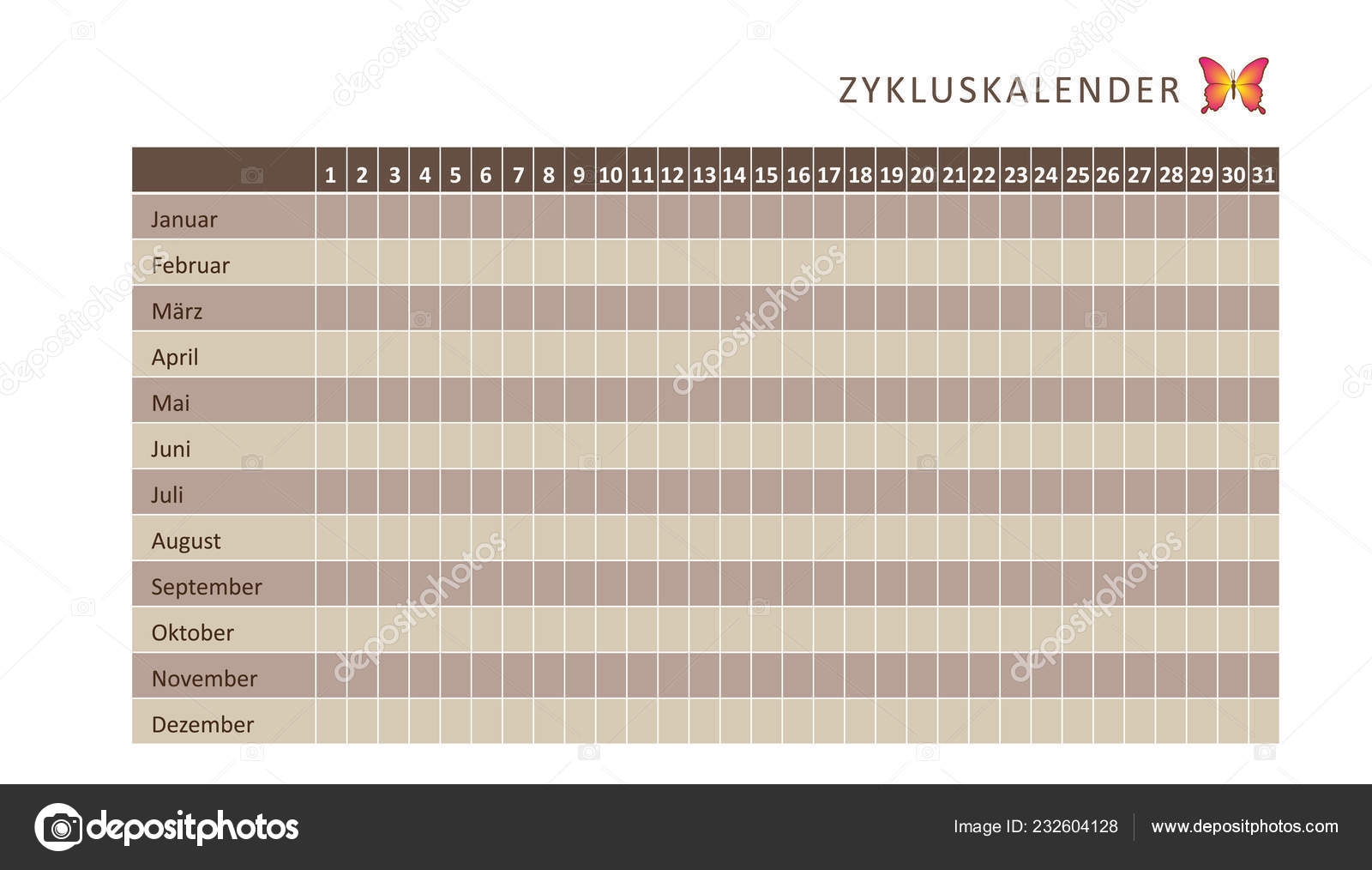 Monthly Menstruation Calendar Of Menstrual Cycle Brown With Butterfly Stock Vector By krissikunterbunt 232604128