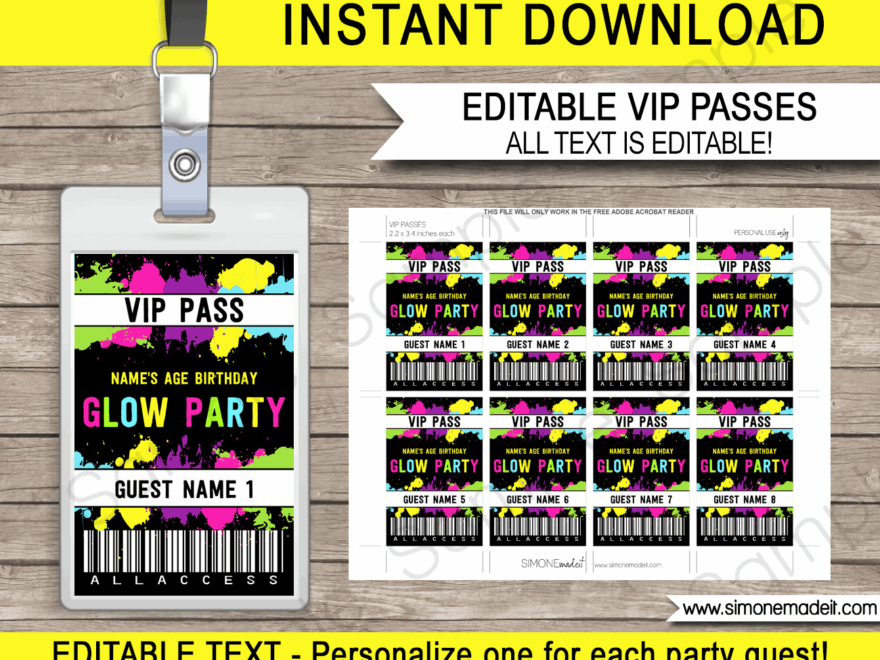 Neon Glow Party VIP Passes Printable Neon Glow Birthday Decorations