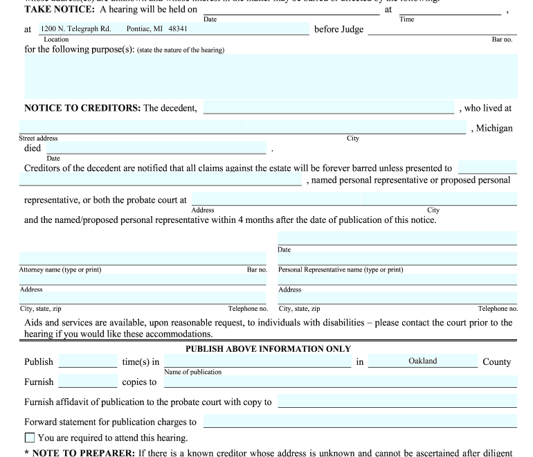 Notice To Creditors Michigan Example Fill Online Printable Fillable Blank PdfFiller
