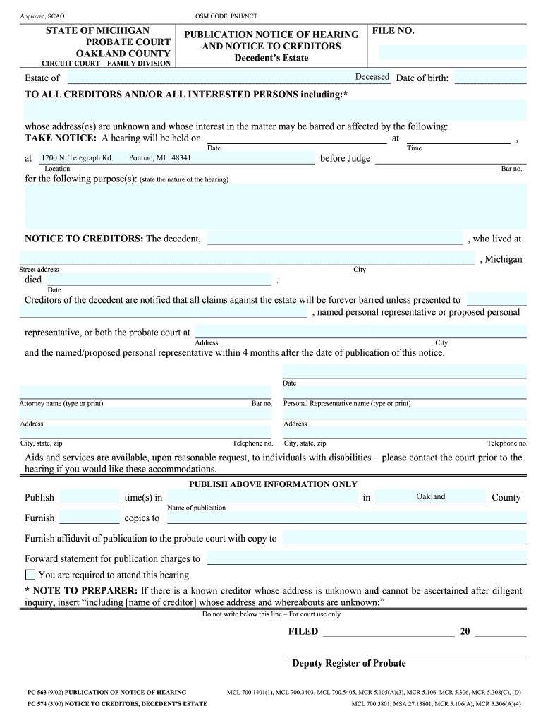 Notice To Creditors Michigan Example Fill Online Printable Fillable Blank PdfFiller