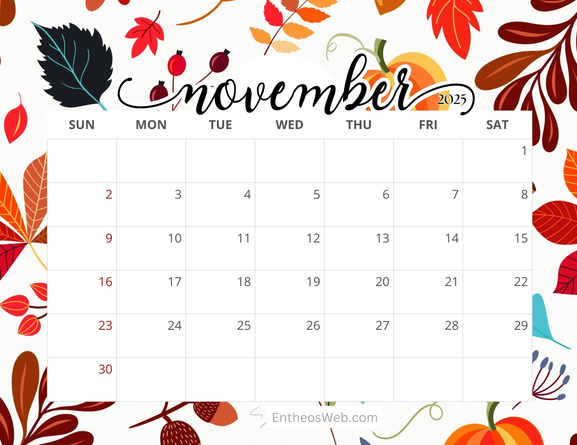 November 2025 Calendar Free Printable