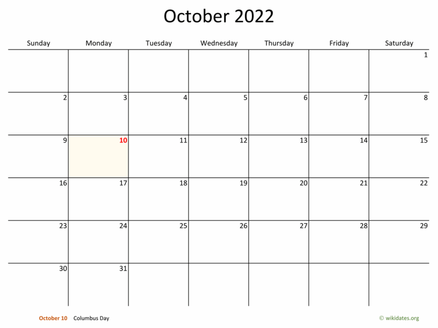 October 2022 Calendar With Bigger Boxes WikiDates