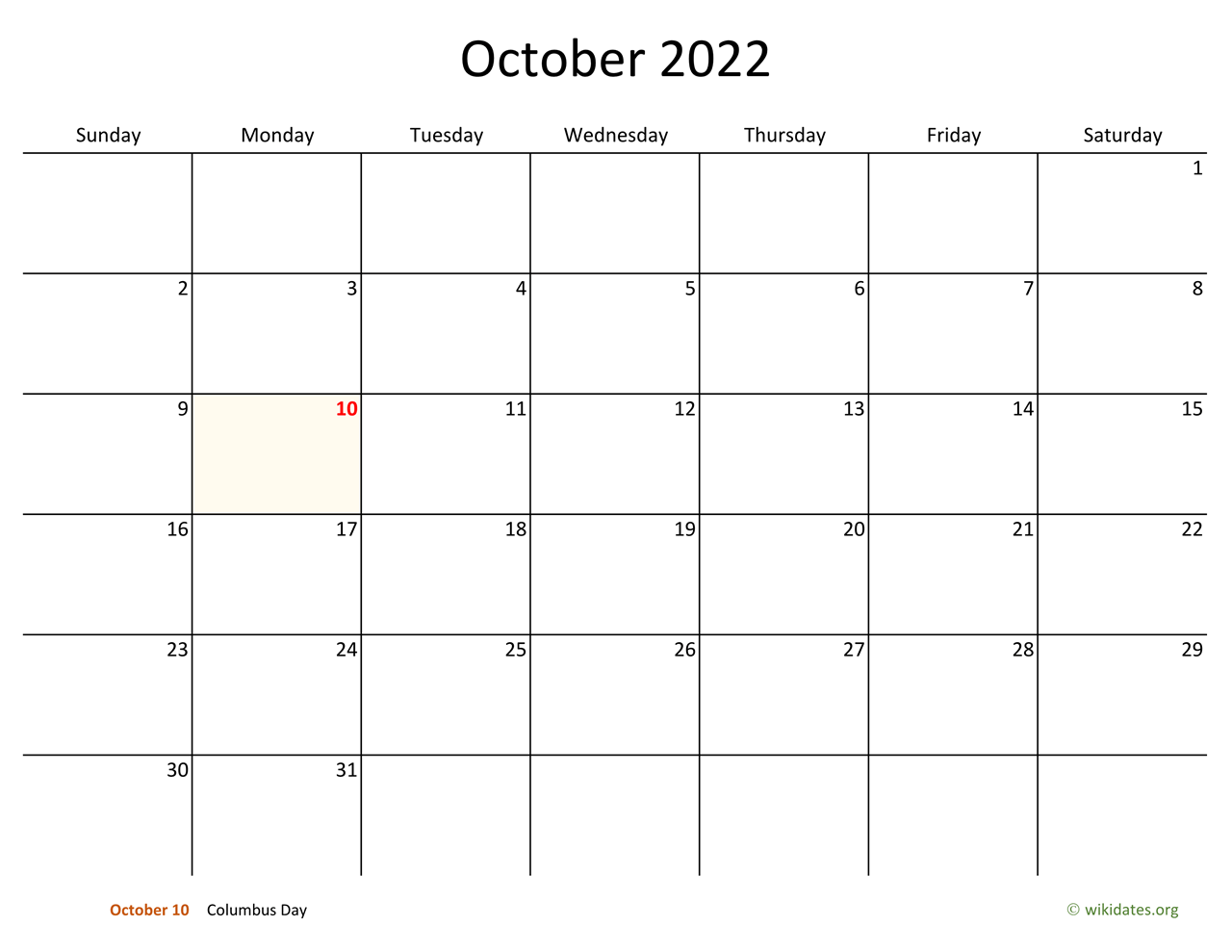 October 2022 Calendar With Bigger Boxes WikiDates