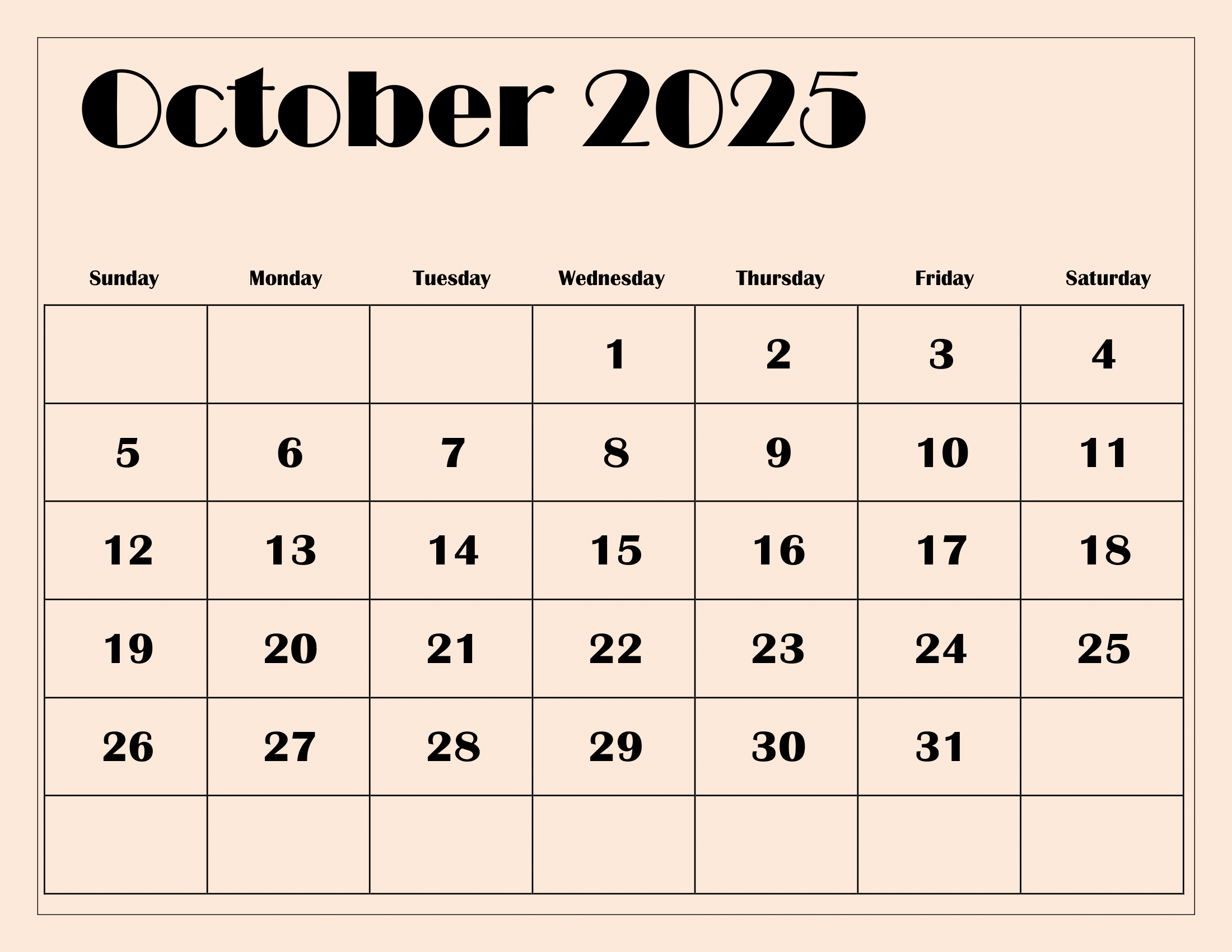 October 2025 Calendar Free Printable