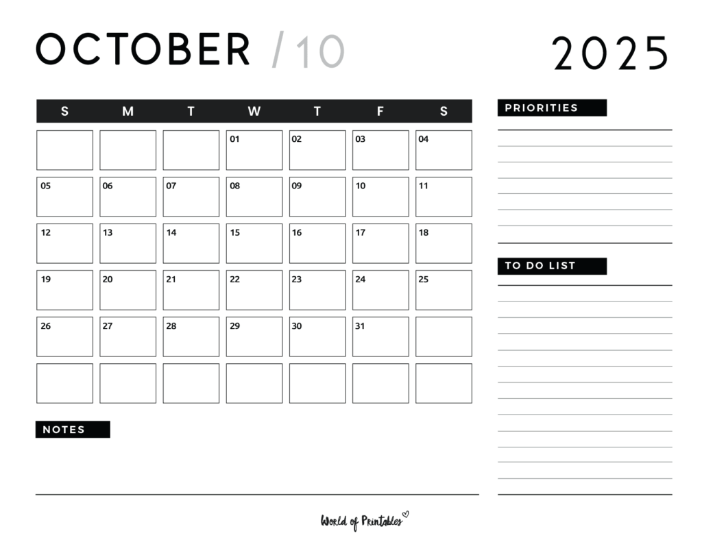 Printable October Calendar With Large Squares