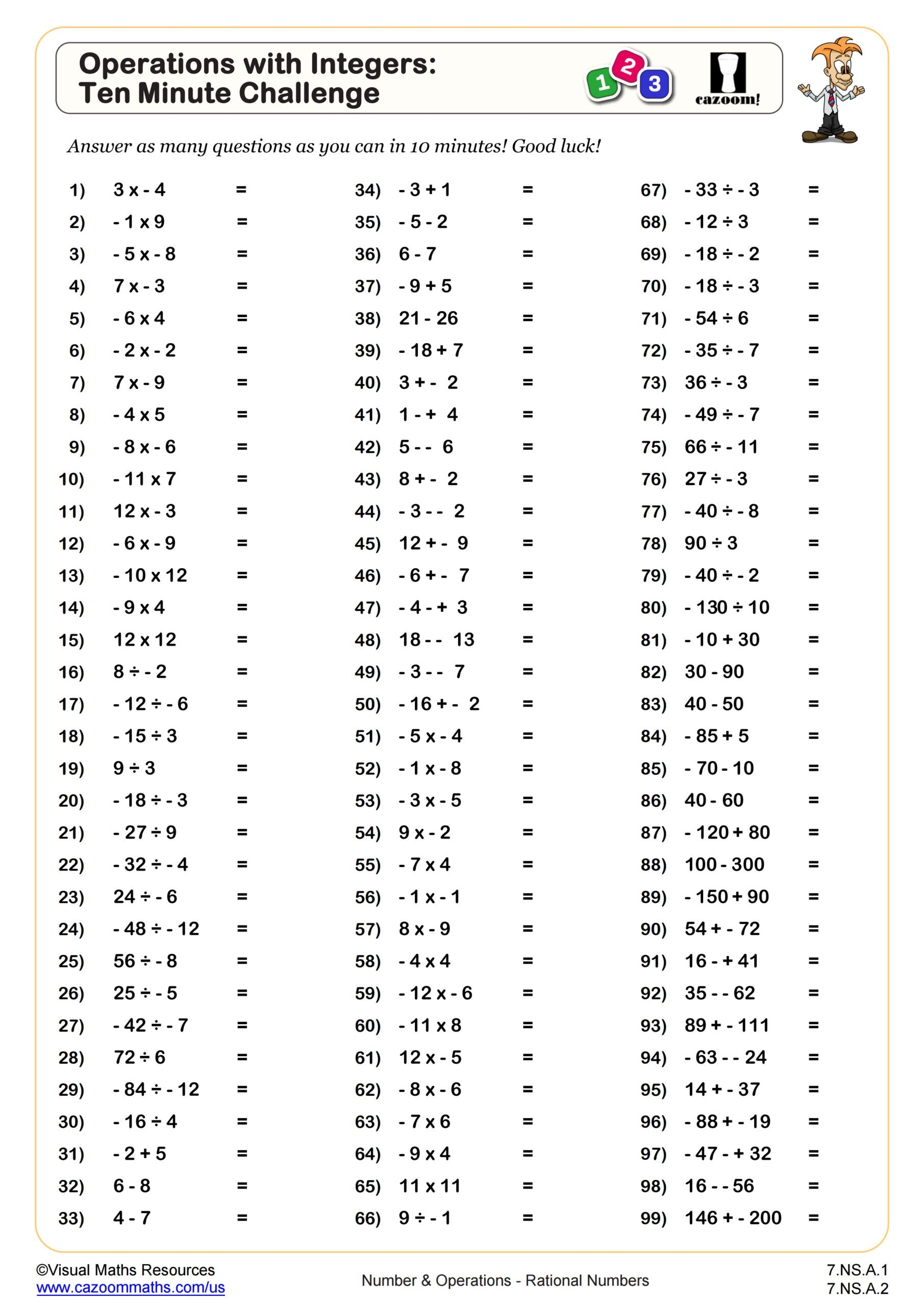 Operations With Integers Ten Minute Challenge Worksheet PDF Printable Number Operations Worksheet