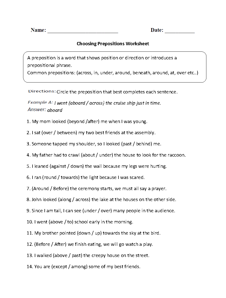Free Printable Preposition Worksheets For Grade 4