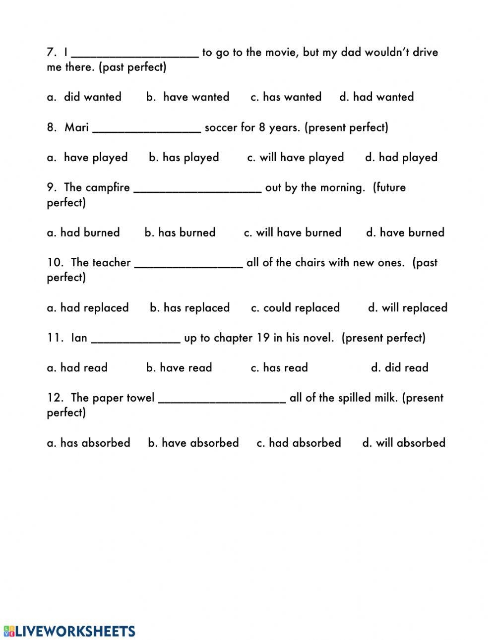 Perfect Tense Verbs Worksheet Live Worksheets Worksheets Library