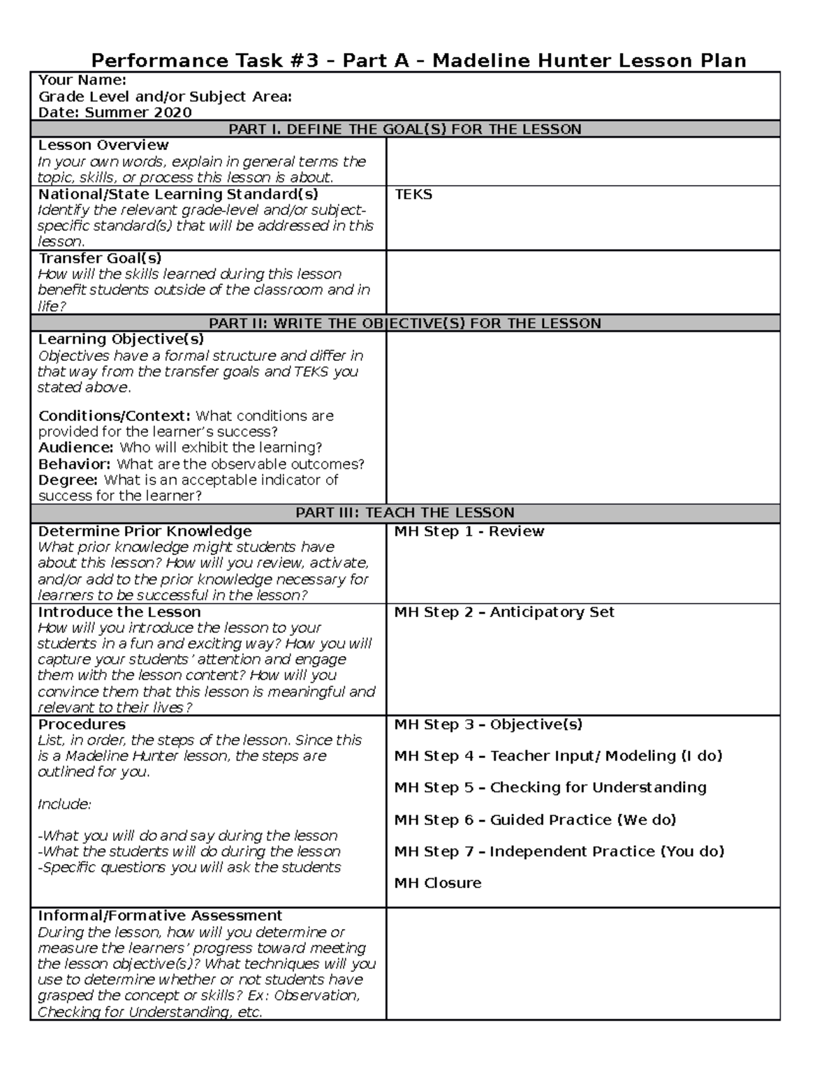 Performance Task 3 Part A Madeline Hunter Template Performance Task 3 Part A Madeline Hunter Studocu