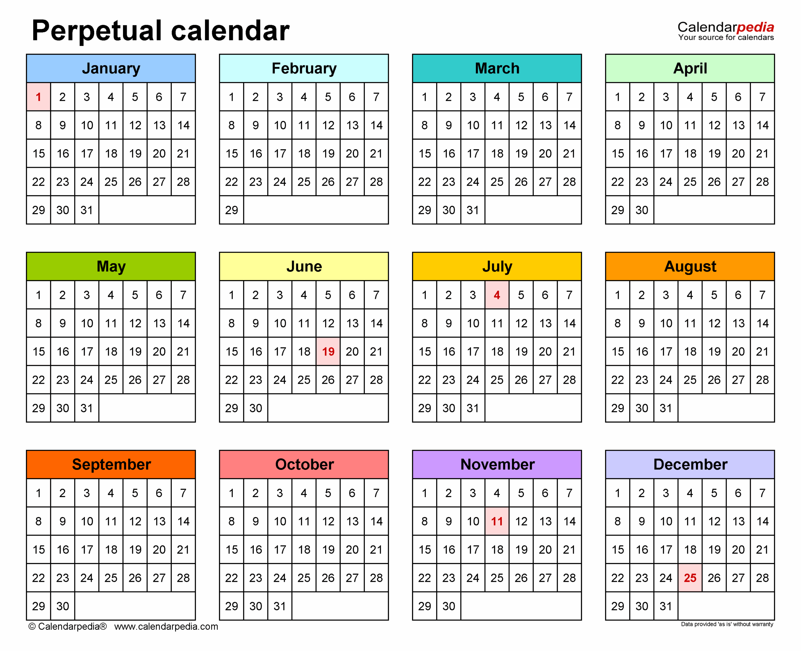 Perpetual Calendars Free Printable PDF Templates