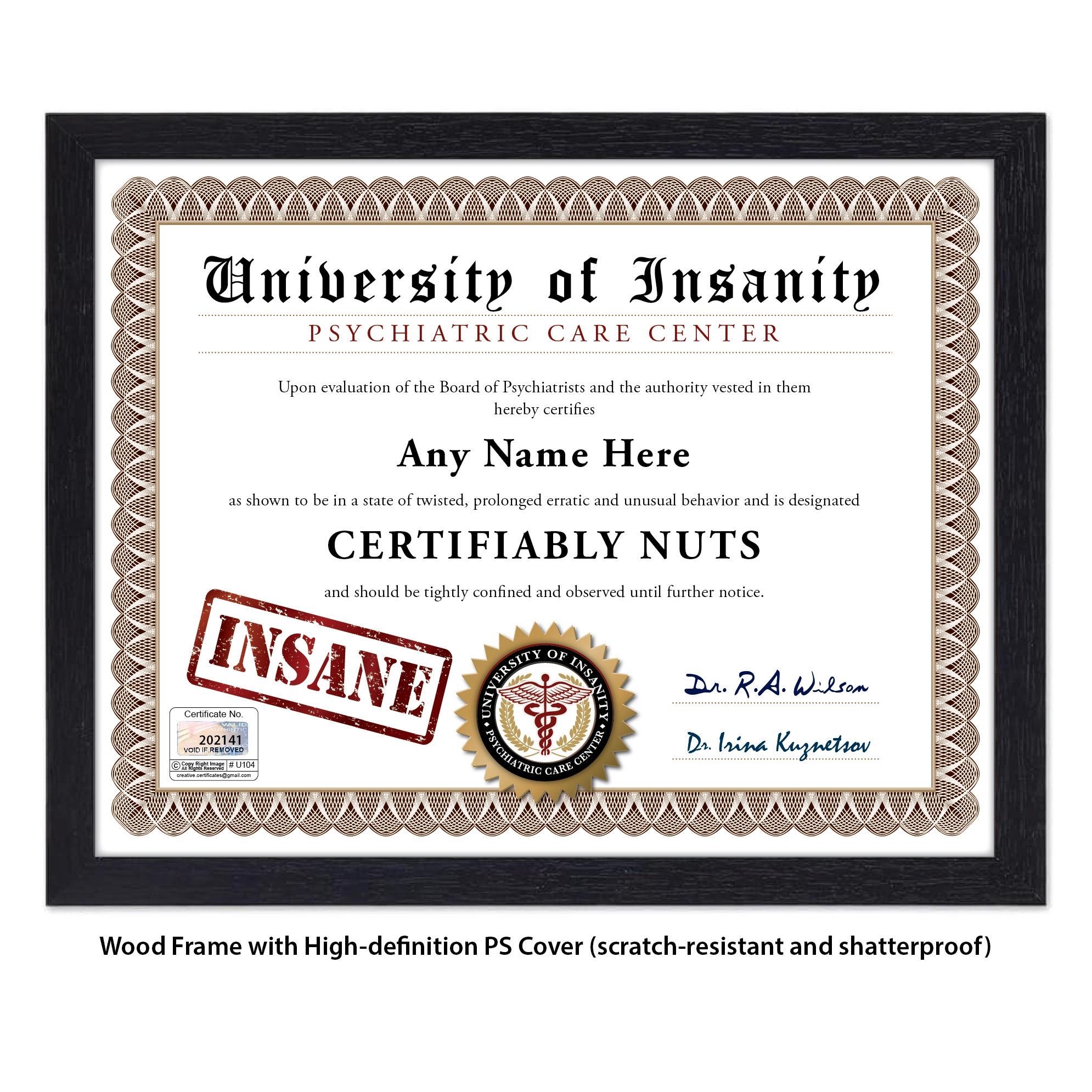 PERSONALIZED Insane University Certificate Digital Printed Or Framed Funny Crazy Novelty Gag Joke Gift Birthday Christmas Present Etsy Sweden