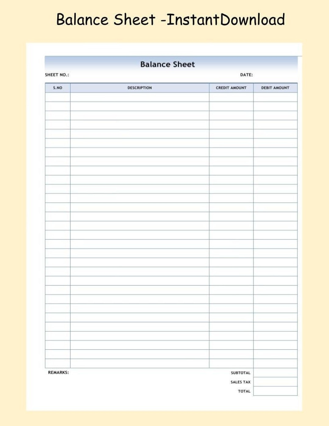 Printable Balance Sheet ledger Sheet Small Business Accounting Form PDF Digital Download trial Balance printable bookkeeping entrepreneur Etsy
