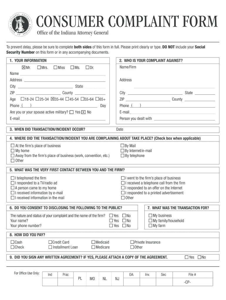 Printable Consumer Complaint Form State Of Indiana Fill Out Sign Online DocHub