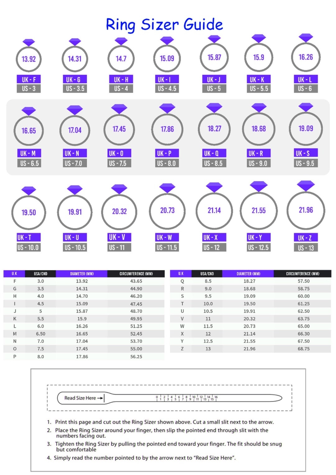 Printable Diamond Ring Size Chart ring Size Finder ring Sizing Guide Tool International Ring Size measure Ring Size instant Easy Download Etsy