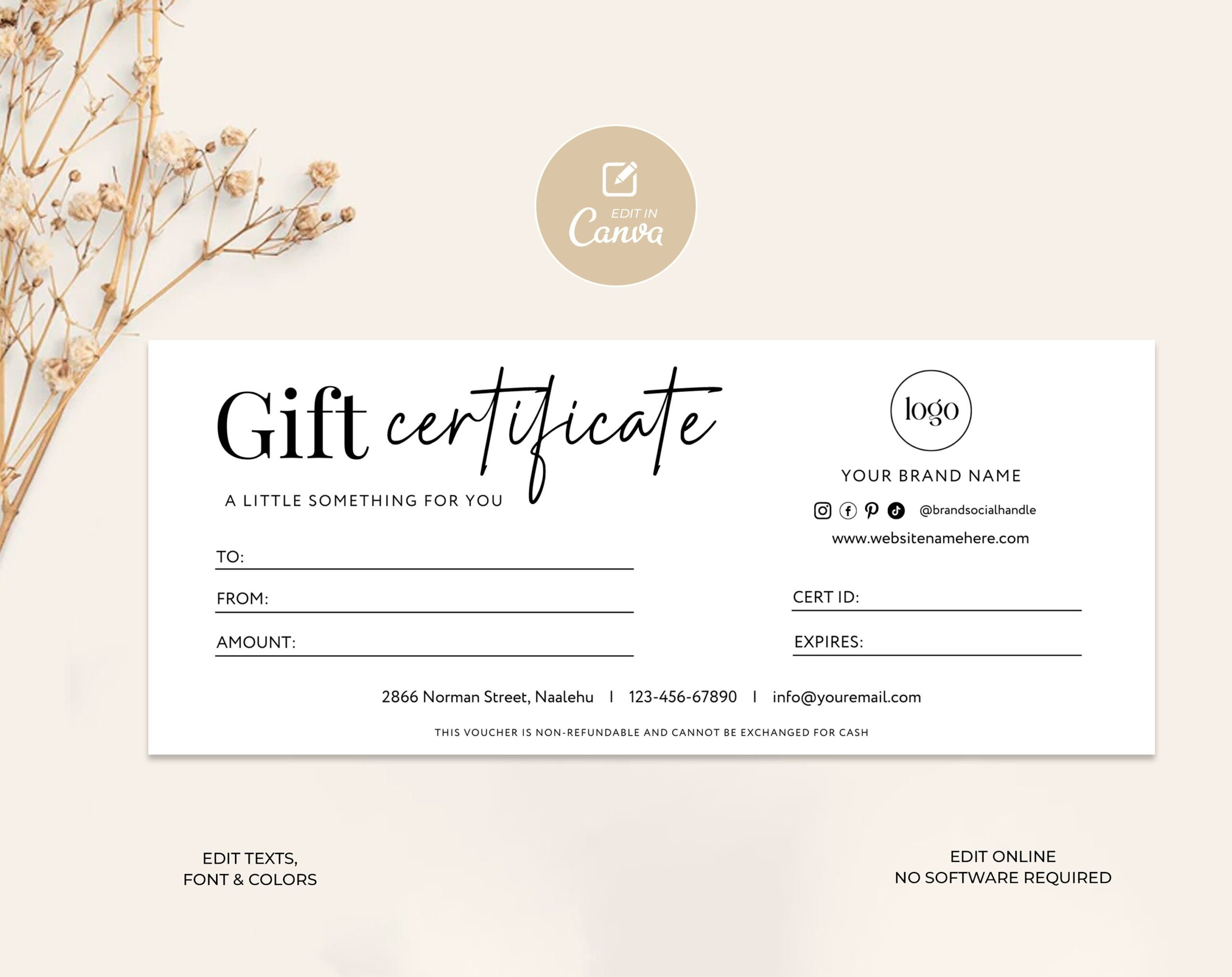 Printable Gift Certificate Template Minimal Gift Certificate Template DIY Gift Certificate Editable Gift Card Template Coupon ADD LOGO Etsy