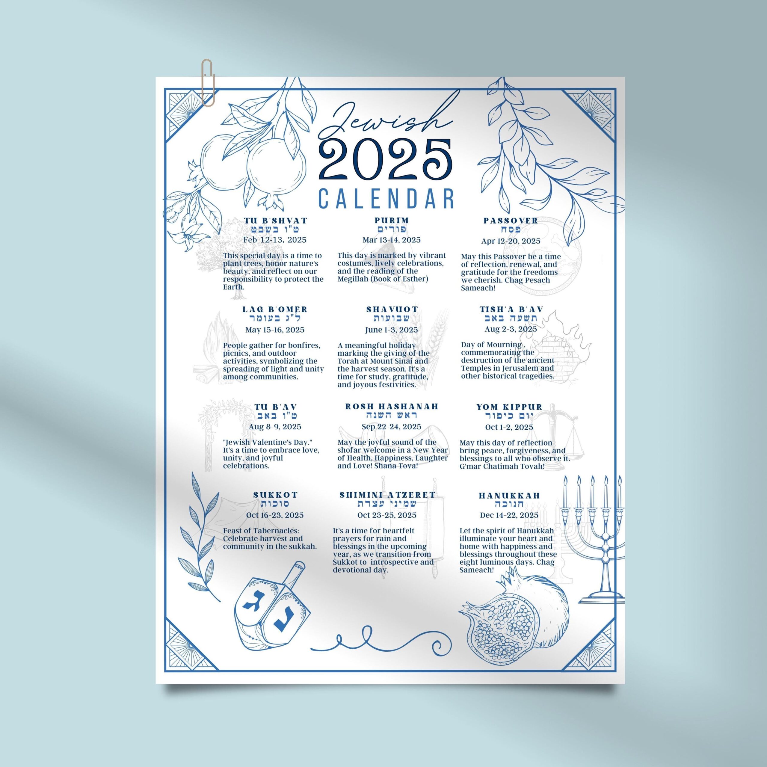 Hebrew English Calendar 2025-2026 Printable