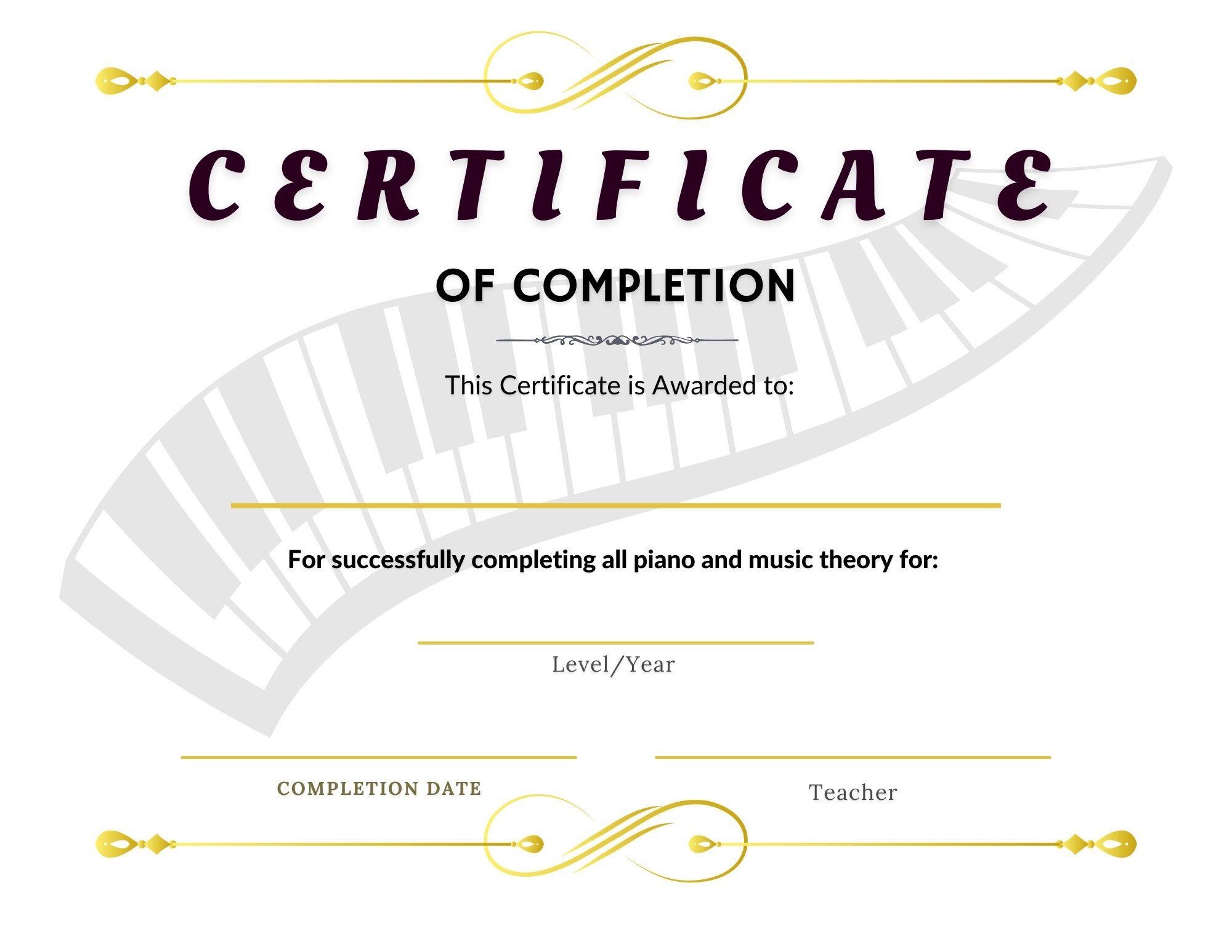 Printable Piano Achievement Certificate Completion Certificate With Piano Keys Motif Etsy
