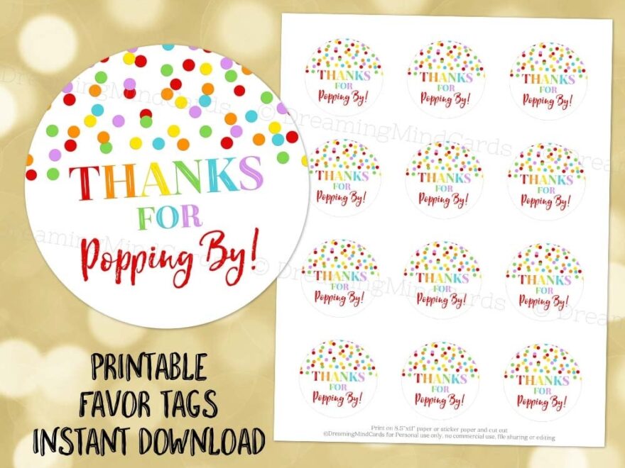 Printable Thanks For Popping By Favor Tags Rainbow Confetti For Baby Shower Or Birthday Popcorn Instant Digital Download Etsy
