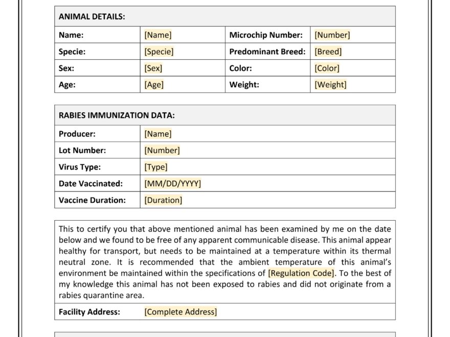 Printable Veterinary Health Certificate Form Word PDF Docs