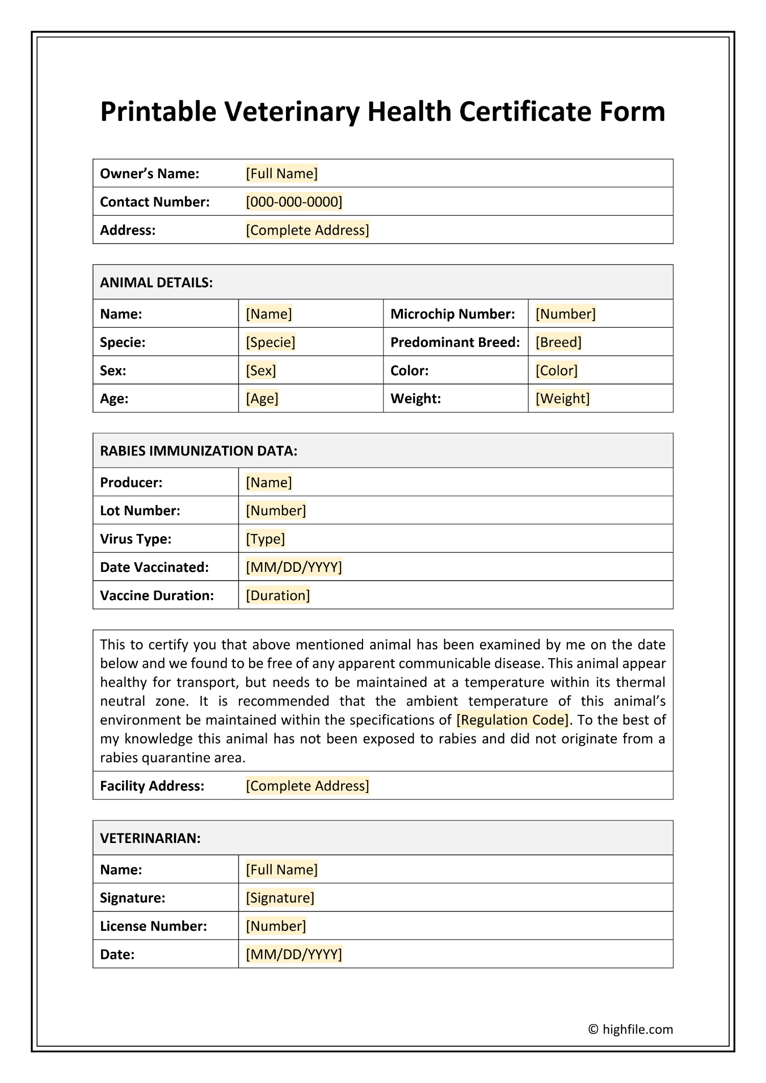 Printable Veterinary Health Certificate Form Word PDF Docs