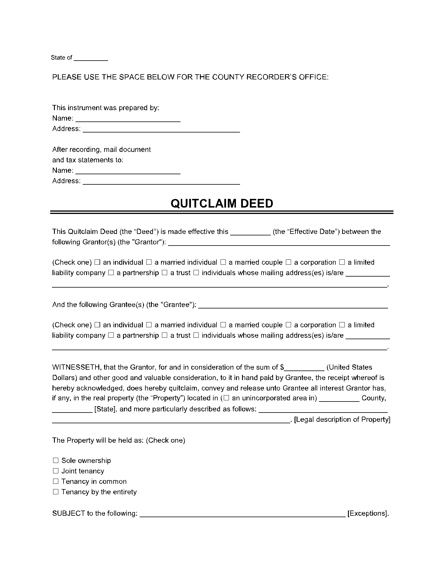 Free Printable Quit Claim Deed Form