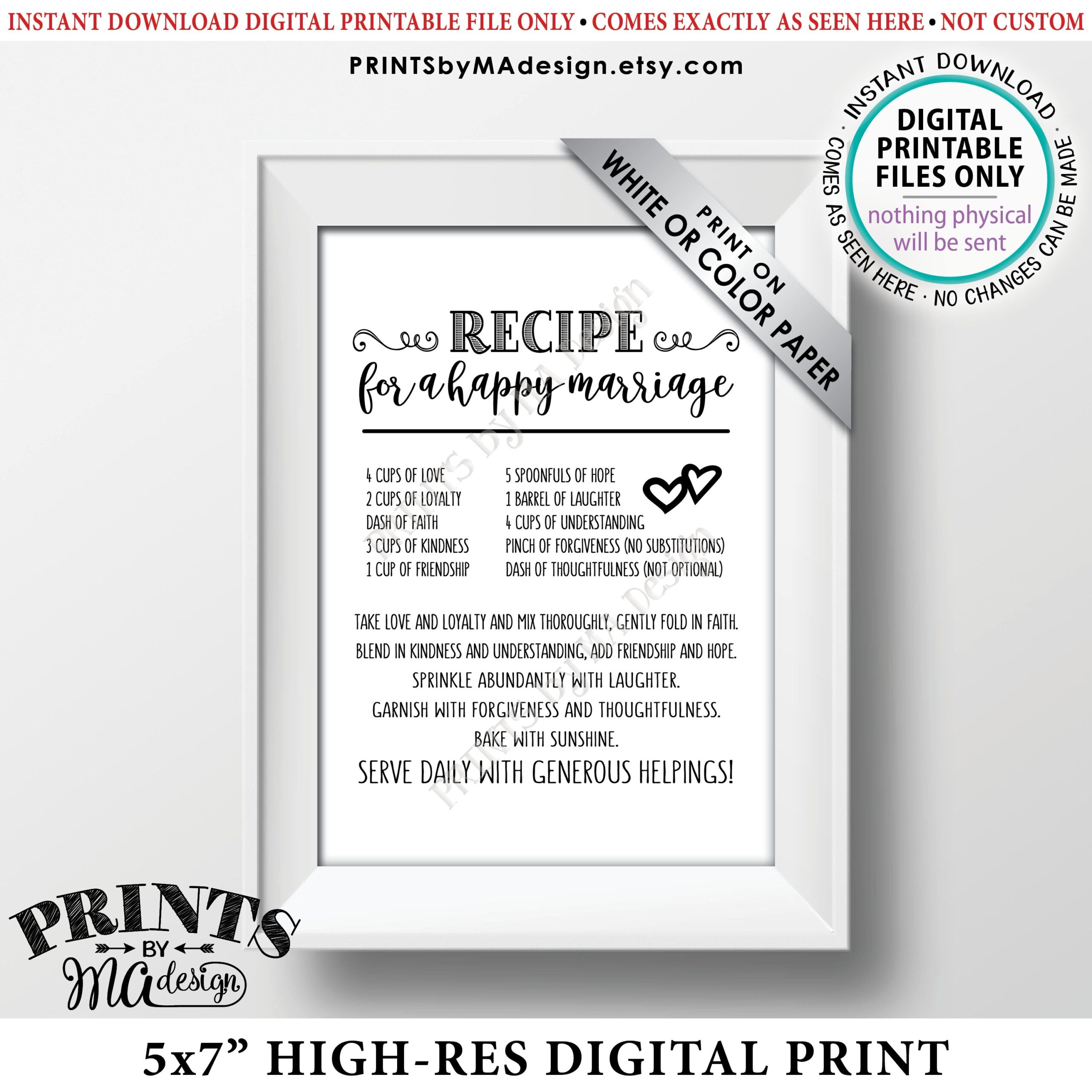 Recipe For A Happy Marriage Sign Bridal Shower Gift Key To A Happy Marriage Wedding Advice For Marriage PRINTABLE 5x7 Sign