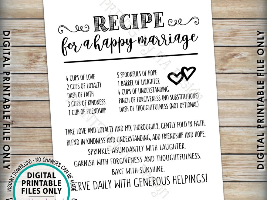 Recipe For A Happy Marriage Sign Bridal Shower Gift Key To A Happy Marriage Wedding Advice For Marriage PRINTABLE 5x7 Sign