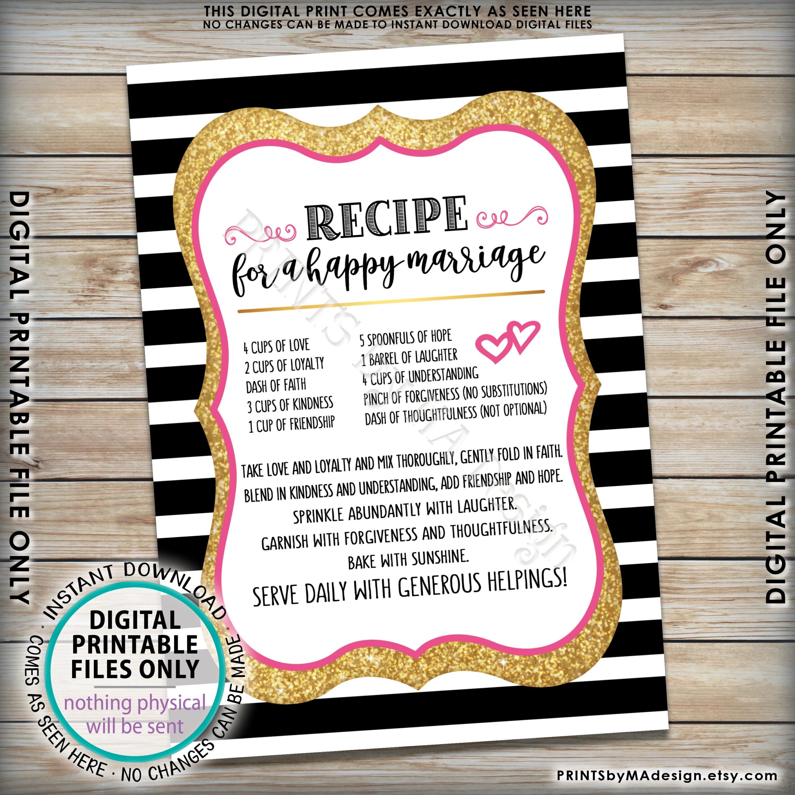 Recipe For A Happy Marriage Sign Key To A Happy Marriage Cute Funny Marriage Advice PRINTABLE 5x7 Black Pink Gold Wedding Sign