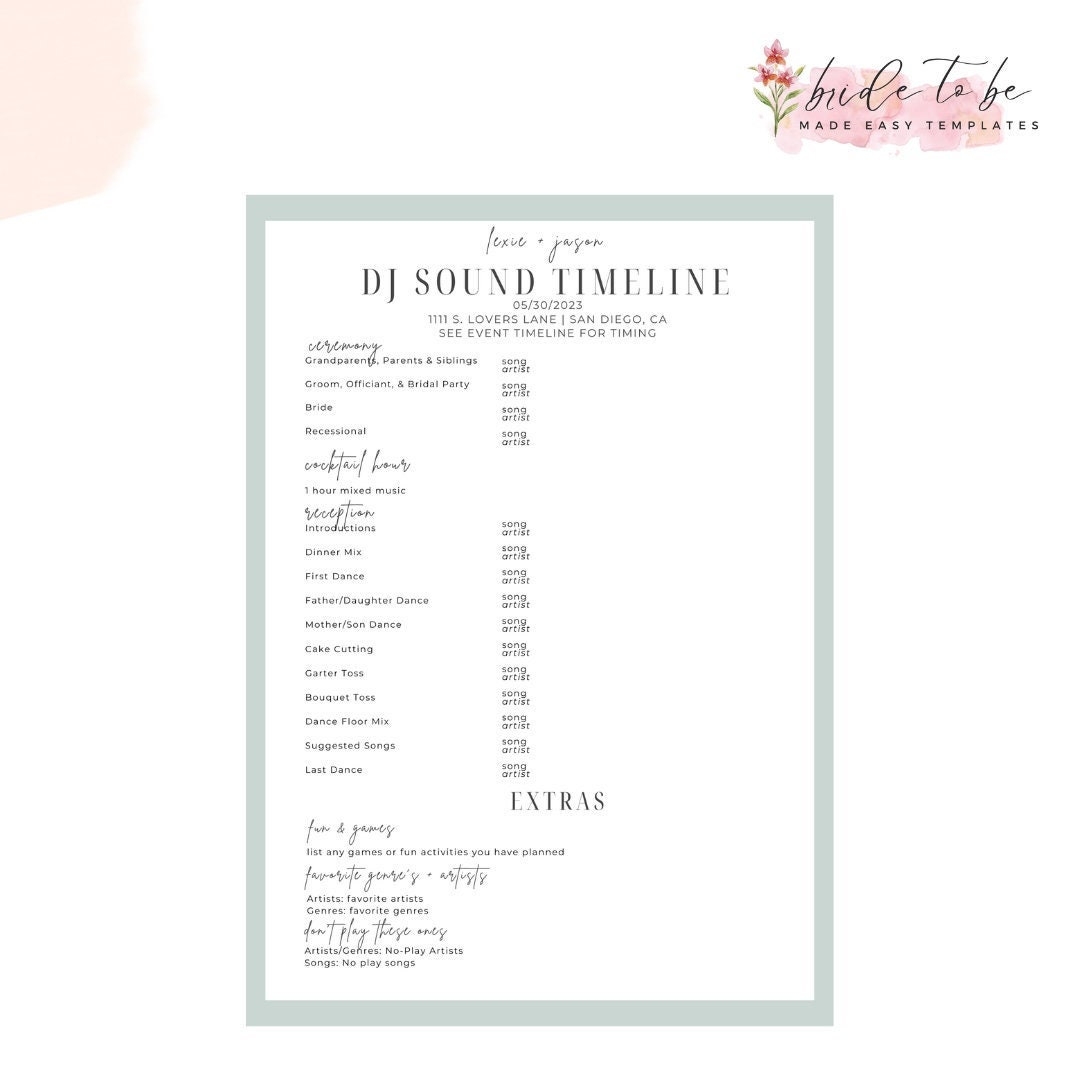 Sage Wedding DJ Timeline Template DJ Wedding Music Planning Guide Wedding Song List Template Etsy