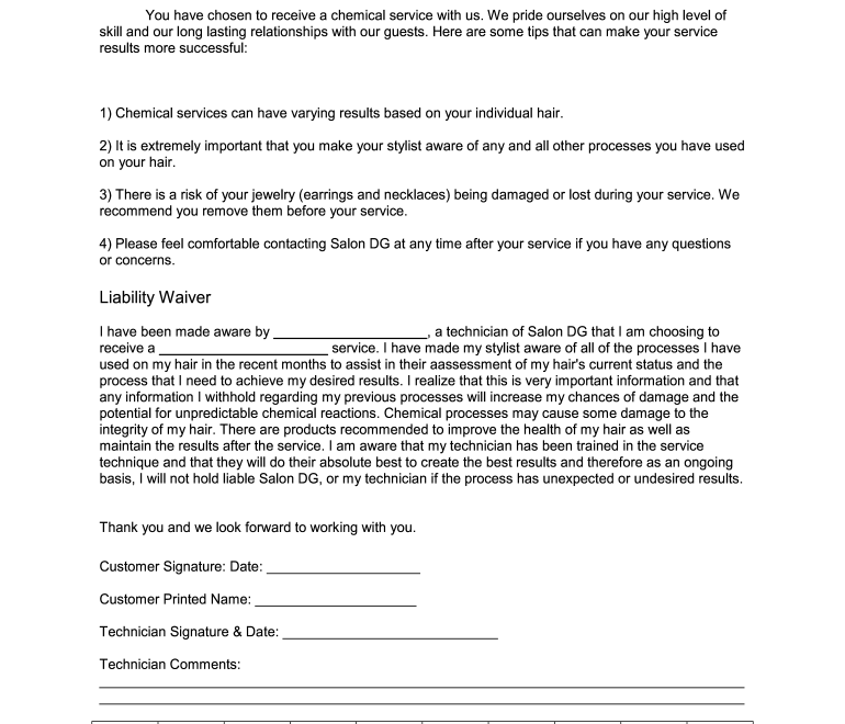 Salon Chemical Release Form Fill Online Printable Fillable Blank PdfFiller