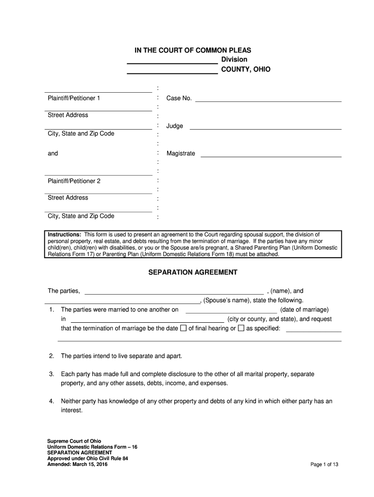Separation Agreement Ohio Printable