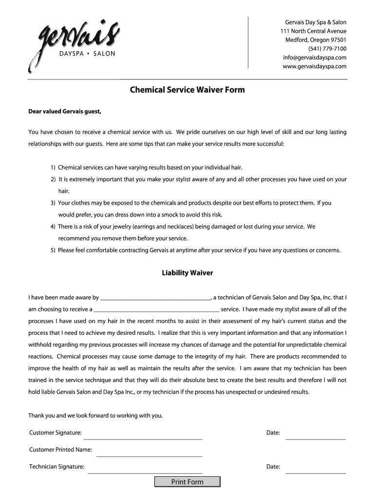 Printable Chemical Release Form For Hair Salon