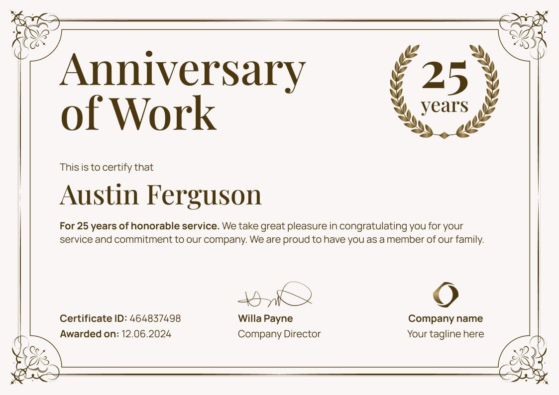 Simple And Framed Work Anniversary Certificate Template