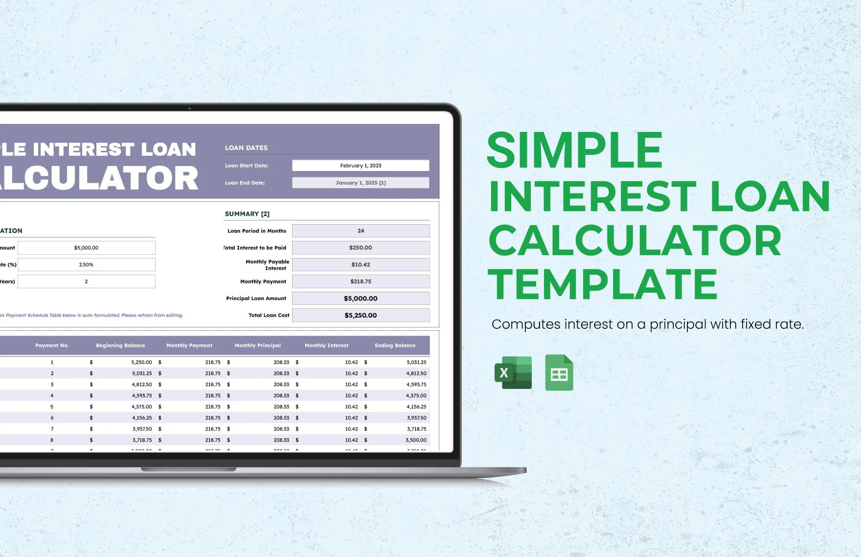 Simple Interest Loan Calculator Template In Excel Google Sheets Download Template