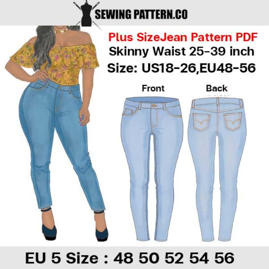 Skinny Jeans Plus Size For Women Sewing Pattern PDF Size US18 26 EU 48 56 Waist 35 39 Inch Etsy