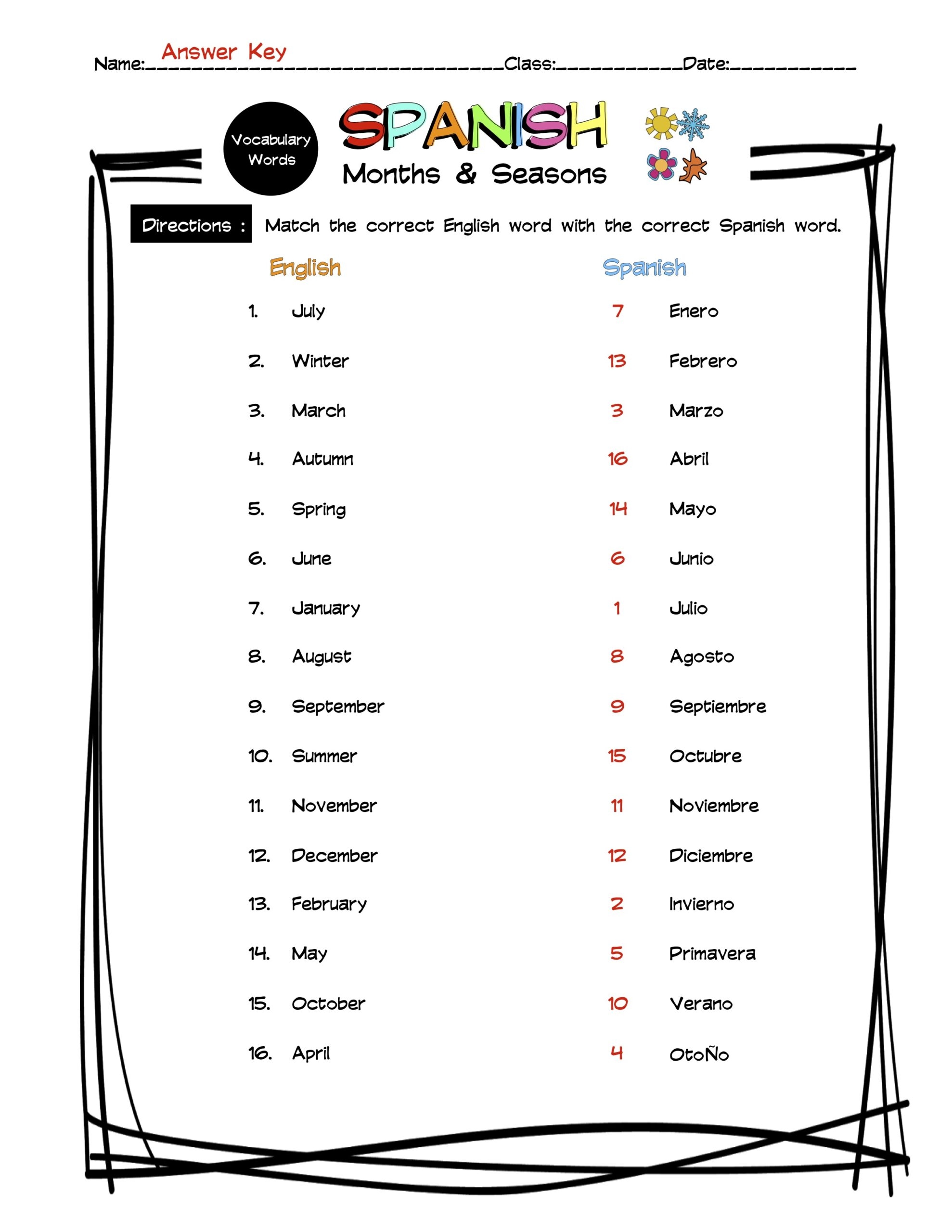 Spanish Printables Worksheets For Months