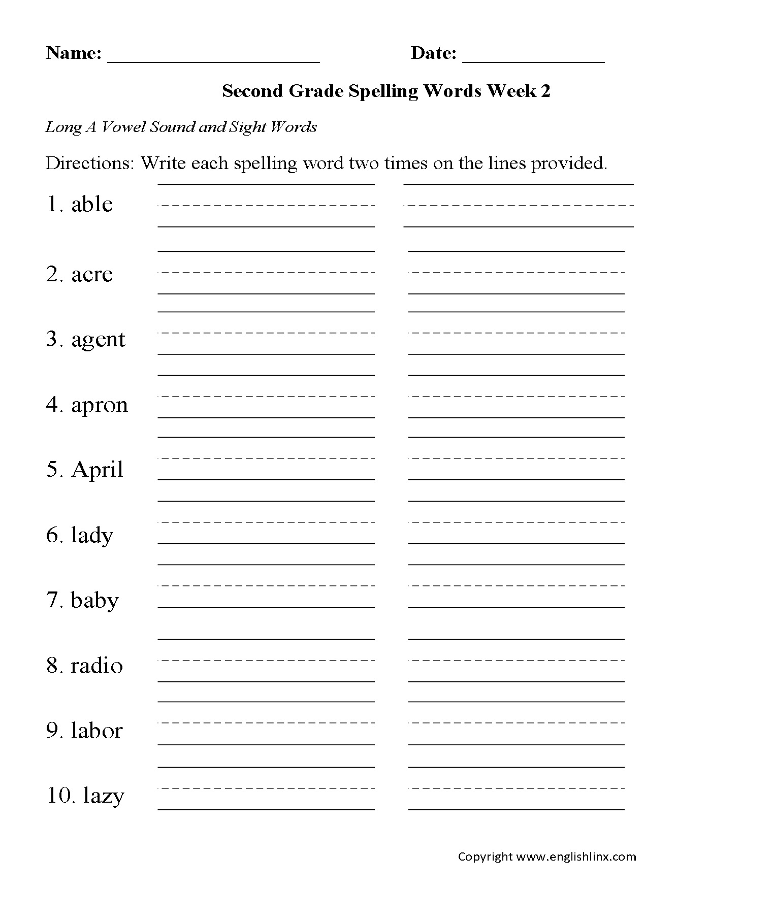Spelling Worksheets Second Grade Spelling Worksheets