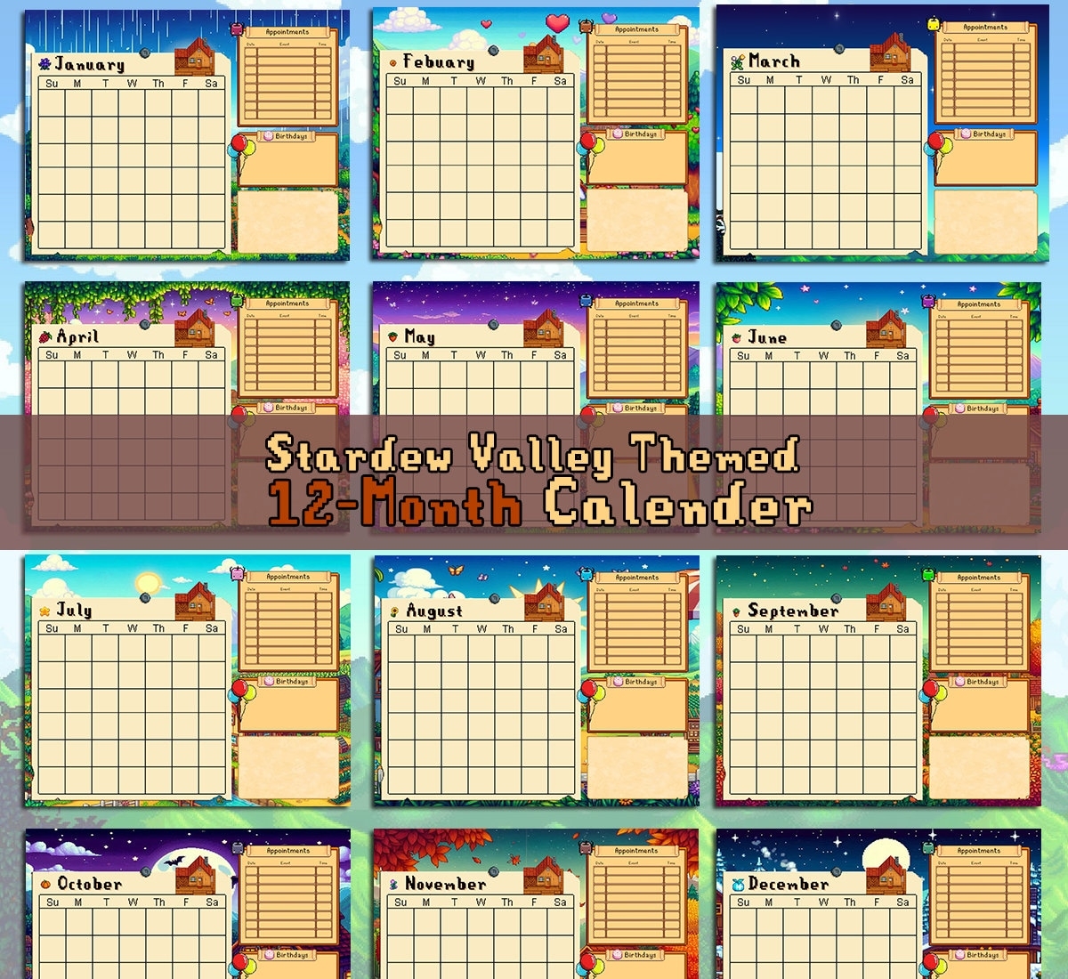 Stardew Valley 12 month Calendar Printable 11x8 5 Instant Download Etsy