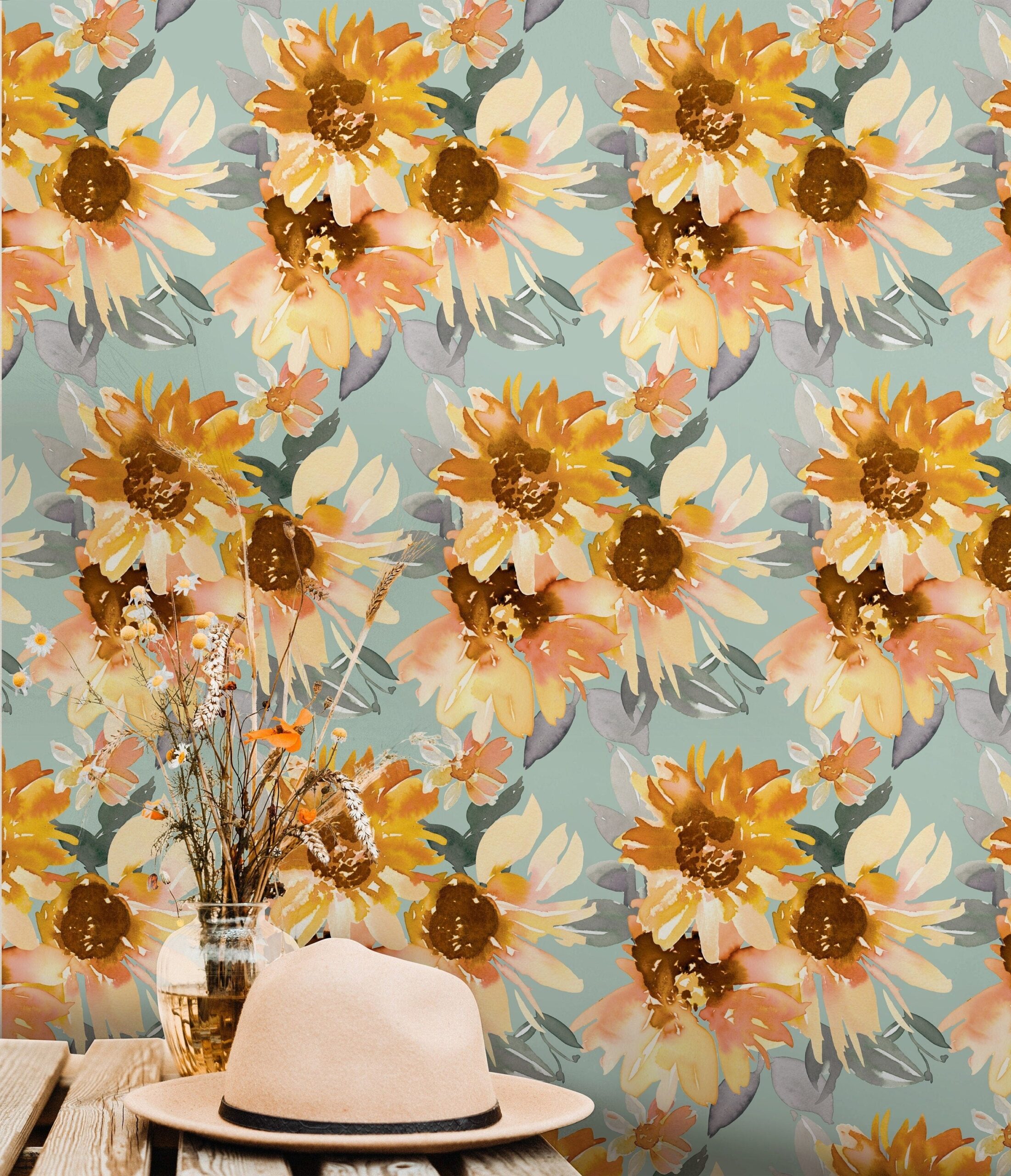 Sunflower Floral Wallpaper Peel And Stick Wallpaper Removable Wallpaper Wall Decor Home Decor Wall Art Printable Wall Art Room Decor 525 JamesAndColors James And Colors