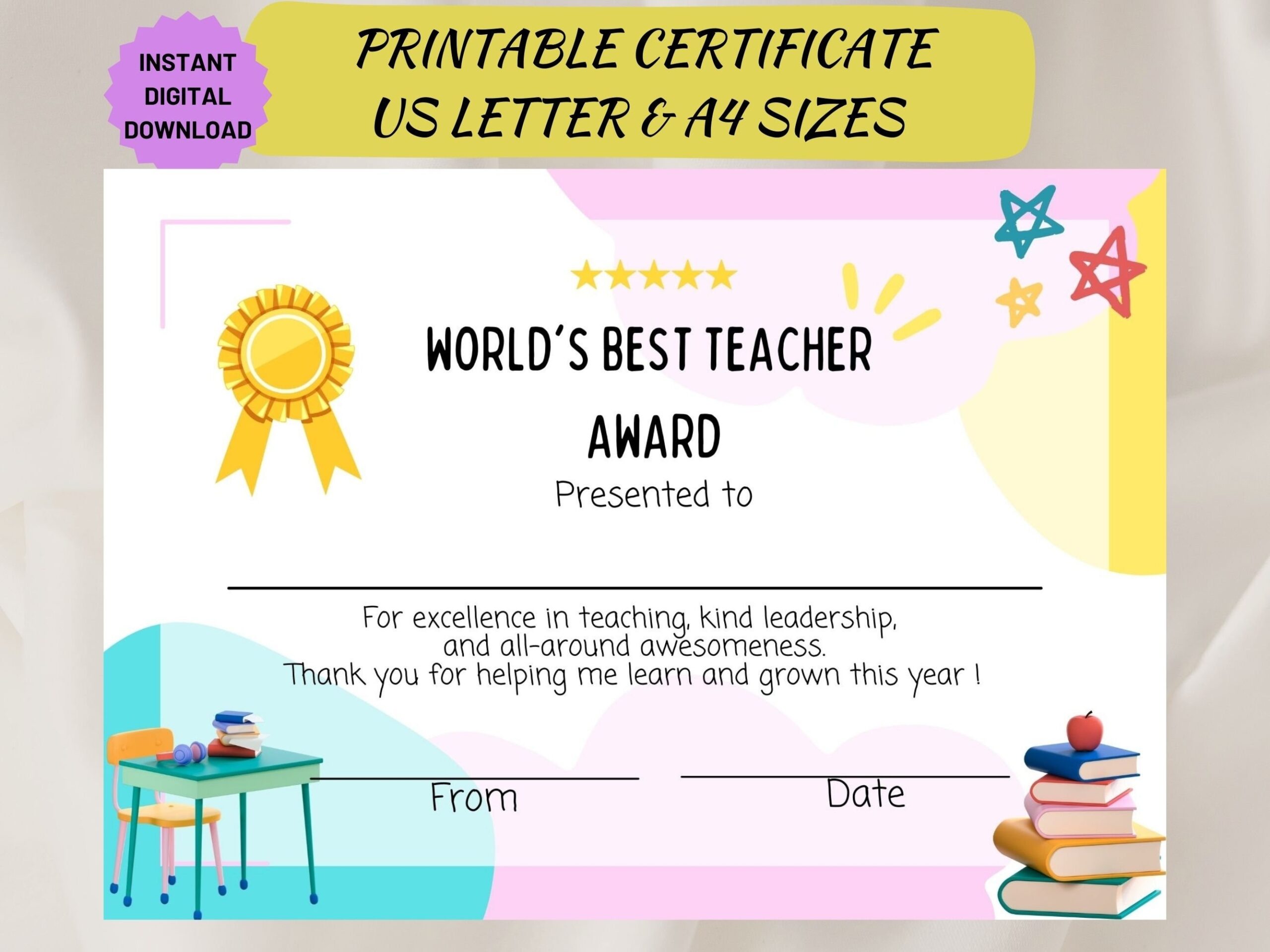 Teacher Appreciation Award Custom Certificate Template Worlds Best Teacher Personalized Teacher Gift Printable Award Certificate PDF Etsy