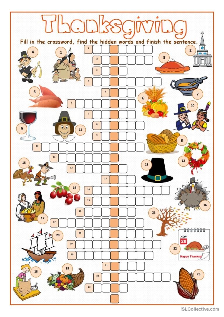 Thanksgiving Crossword Puzzle Printable With Answers