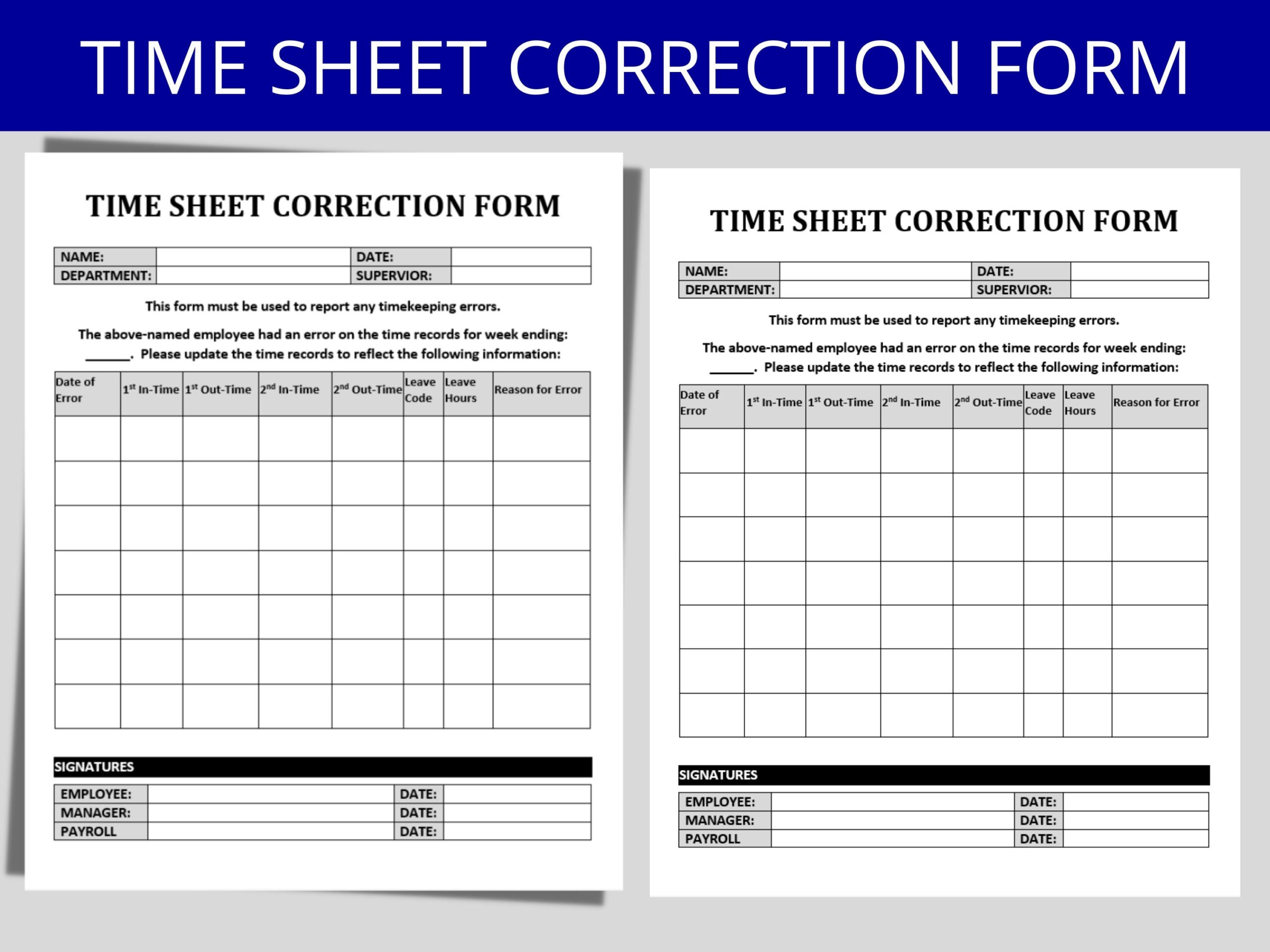 Time Sheet Correction Form Employee Time Sheet Correction Missed Punch Time Adjustment Form Payroll Template Etsy Australia