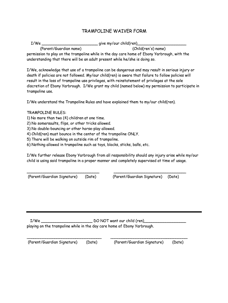 Trampoline Liability Waiver Fill Online Printable Fillable Blank PdfFiller