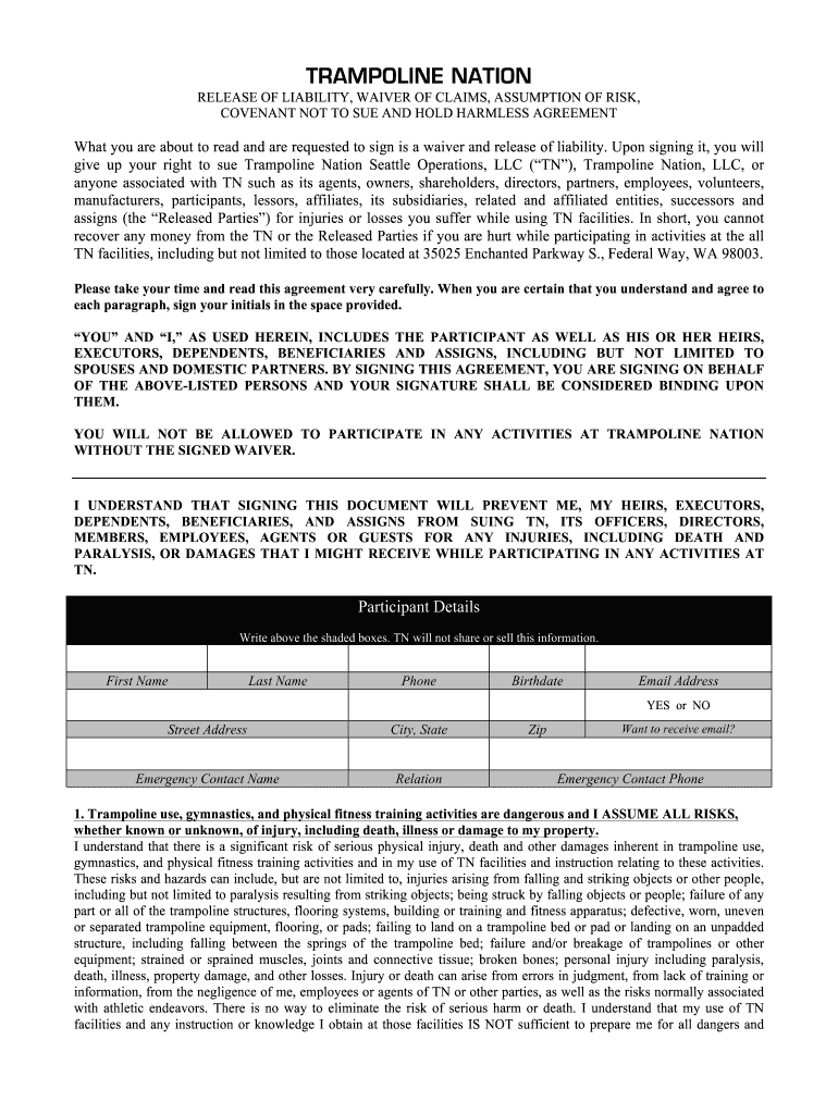 Trampoline Waiver Fill Online Printable Fillable Blank PdfFiller