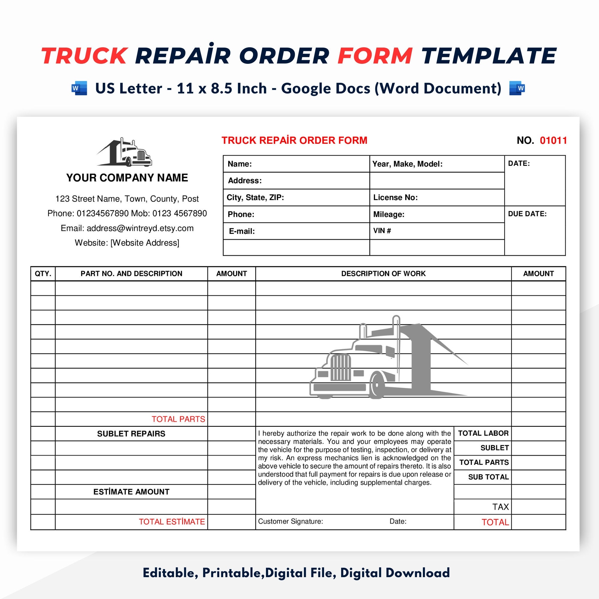 Truck Repair Order Form Truck Repair Invoice Template Google Docs word Document Etsy