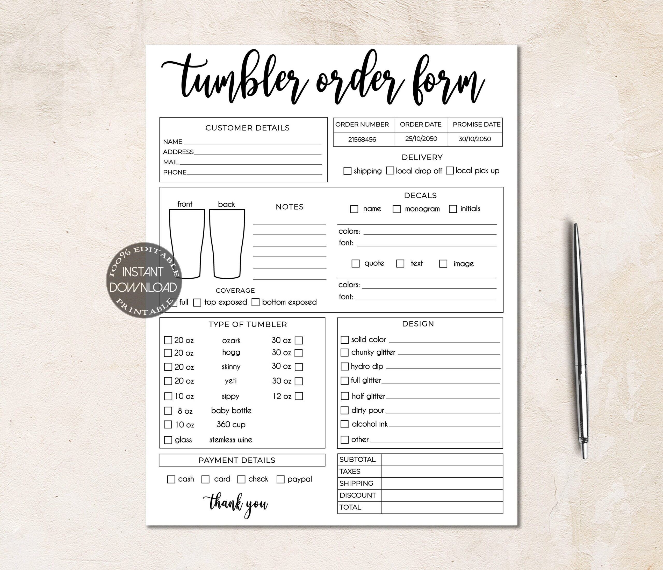 Downloadable Printable Free Tumbler Order Form Template
