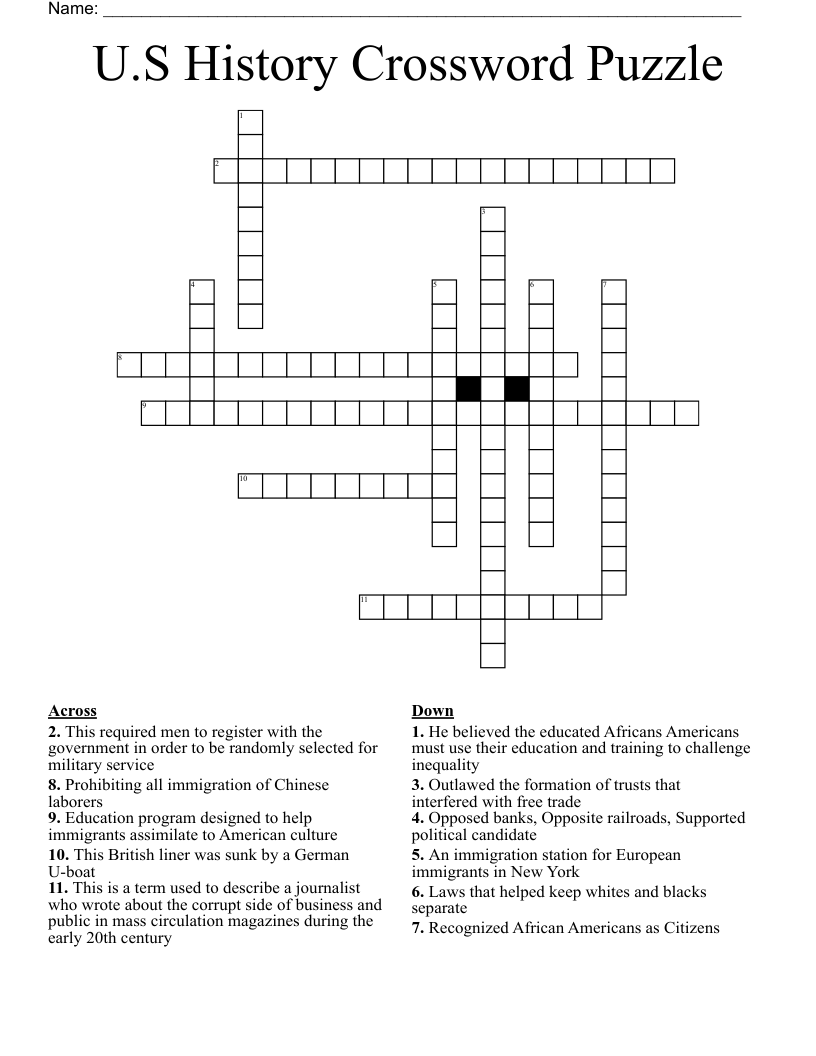 U S History Crossword Puzzle WordMint