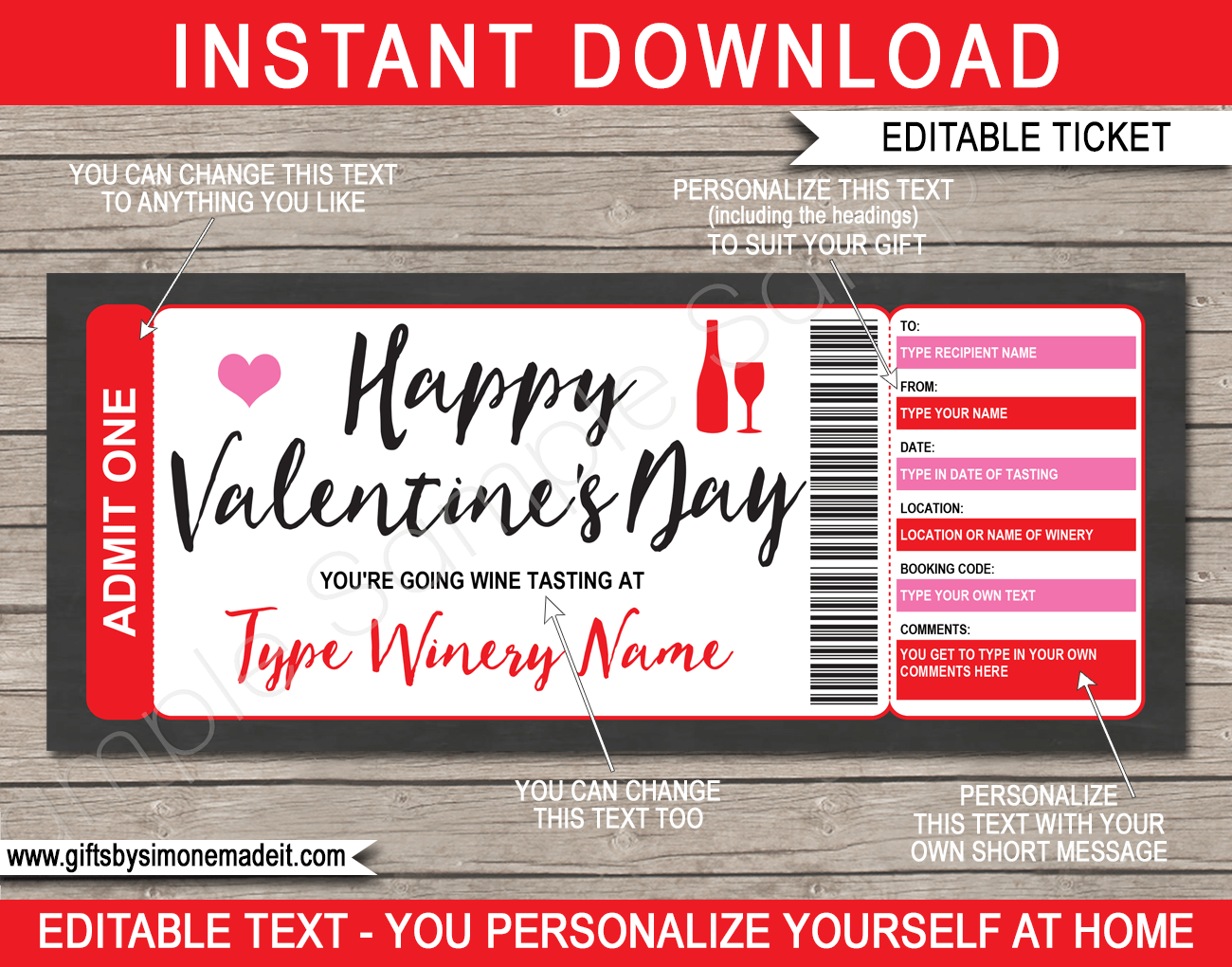 Valentines Day Wine Tasting Gift Certificate Template Printable Winery Gift Voucher