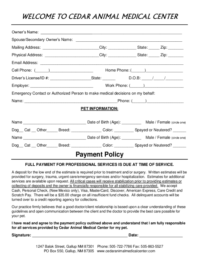 Printable Therapy Animal Vet Form
